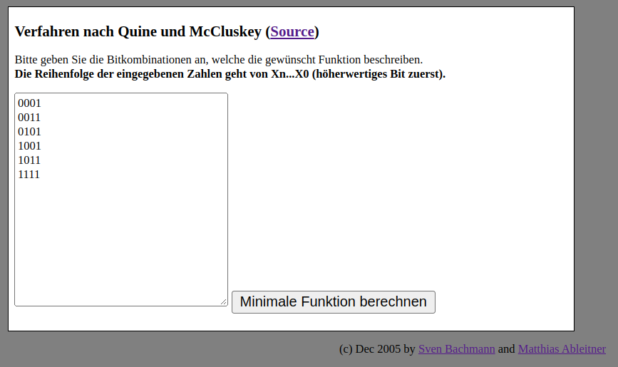 Quine und McCluskey in PHP